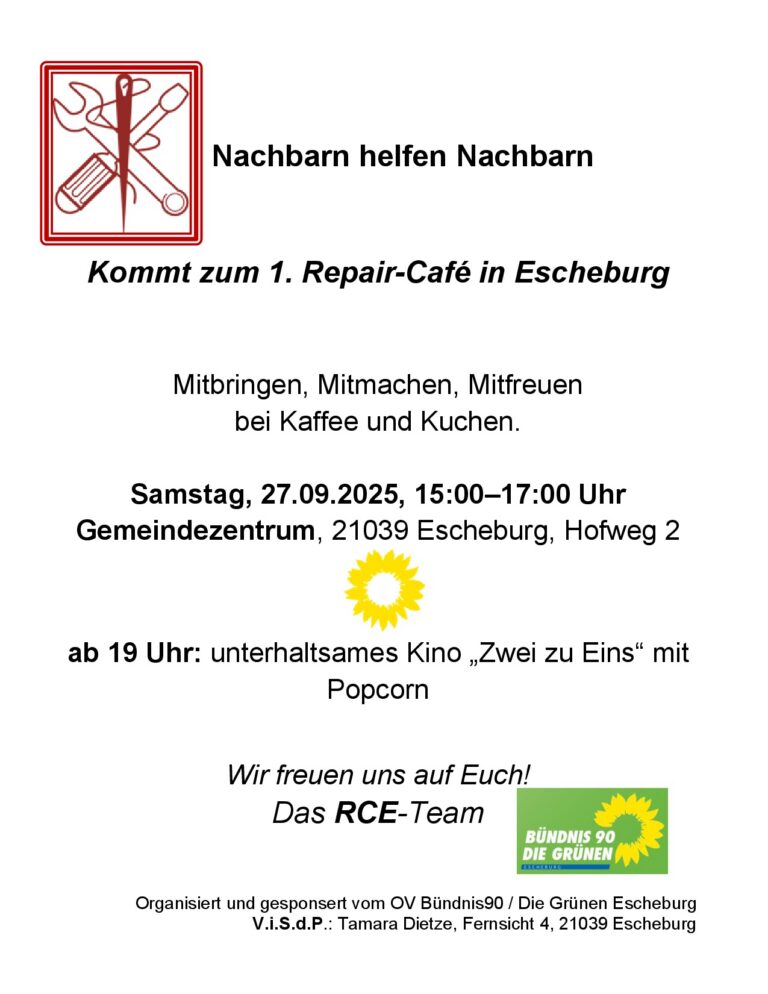 1.Repaircafé in Escheburg am 27. September 15  bis 17 Uhr und abends Kino, 19 Uhr: „Zwei zu Eins“